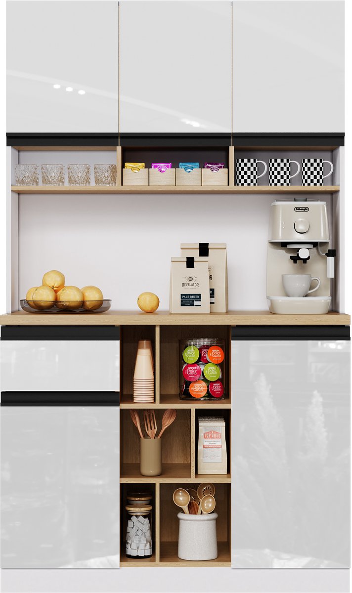 MODFU Buffetkast – Met Hoogglans Deuren, Lade en Verstelbare Planken – Moderne Opbergkast met Werkblad voor Keuken of Eetkamer – MDF – Wit – 105 x 45 x 185 cm