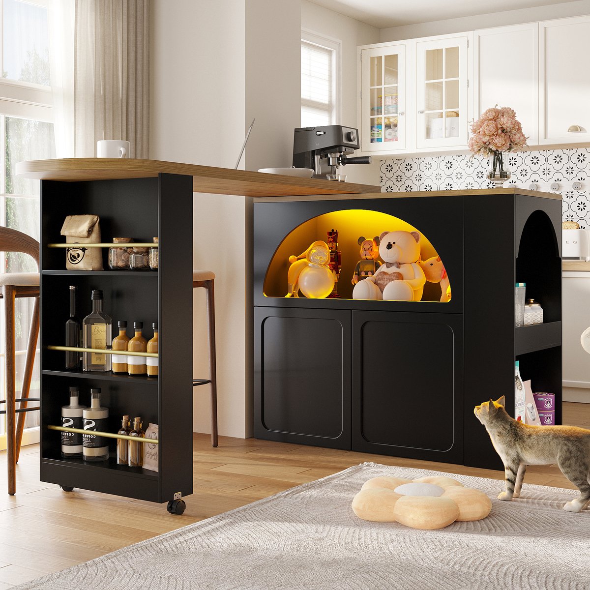 MODFU - Bartafel - Uitschuifbaar - Mobiel - Opbergruimte - LED - Zwart - MDF