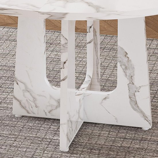 Onderstel van ronde marmerlook eettafel, met een gedetailleerd kruisvormig ontwerp.