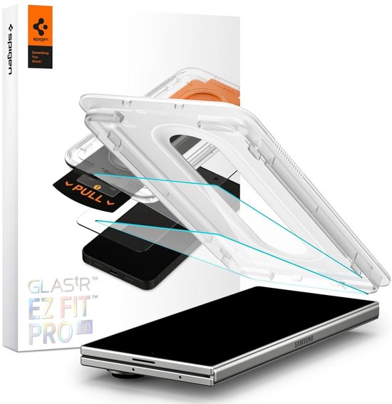 Explosiebeeld van een Spigen GLAStR EZ FIT PRO HD screenprotector, applicator en Samsung telefoon.
