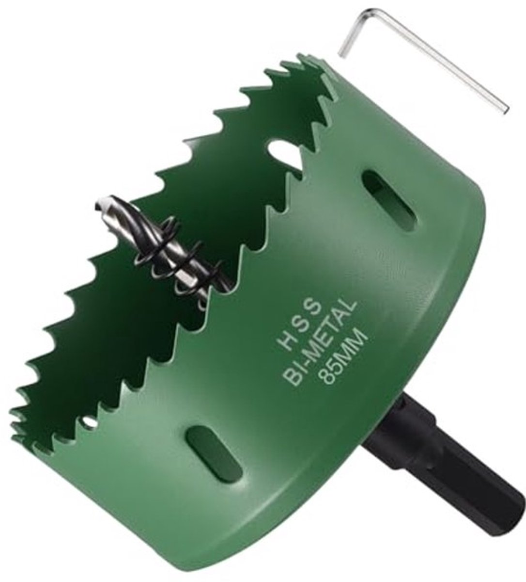 Bi-metalen gatenzaagset 85 mm (3-11/32 inch) M42 high-performance sneldraaistaal, gatfrees met centreerboor, zeskantsleutel en veer, voor metaalplaat, hout, groen