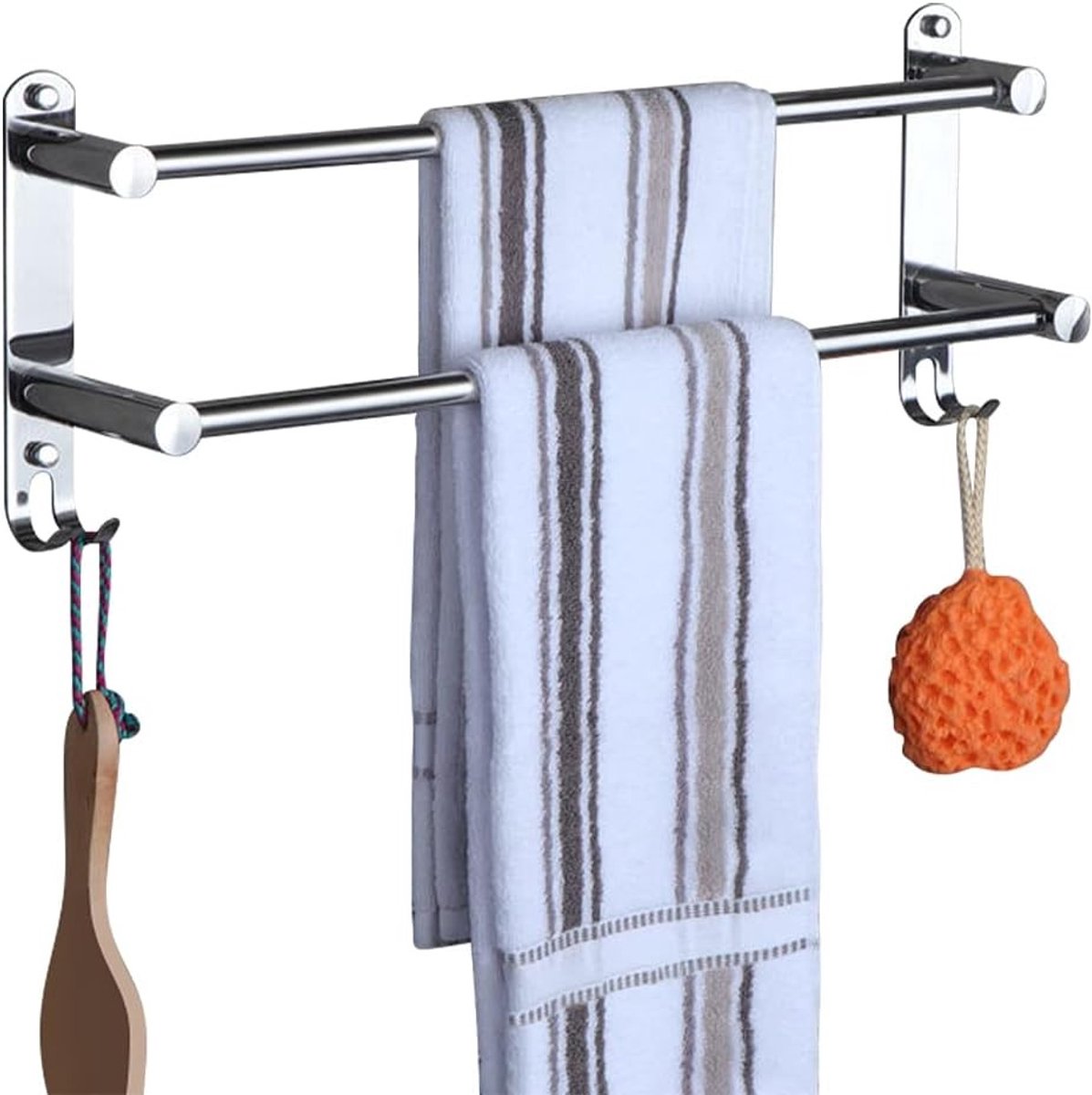 Verstelbare Handdoekhanger 2 Laags RVS Handdoekrek met Haken voor Wandmontage, Ideaal voor Badkamer en Keuken, 49-90cm, Chroom