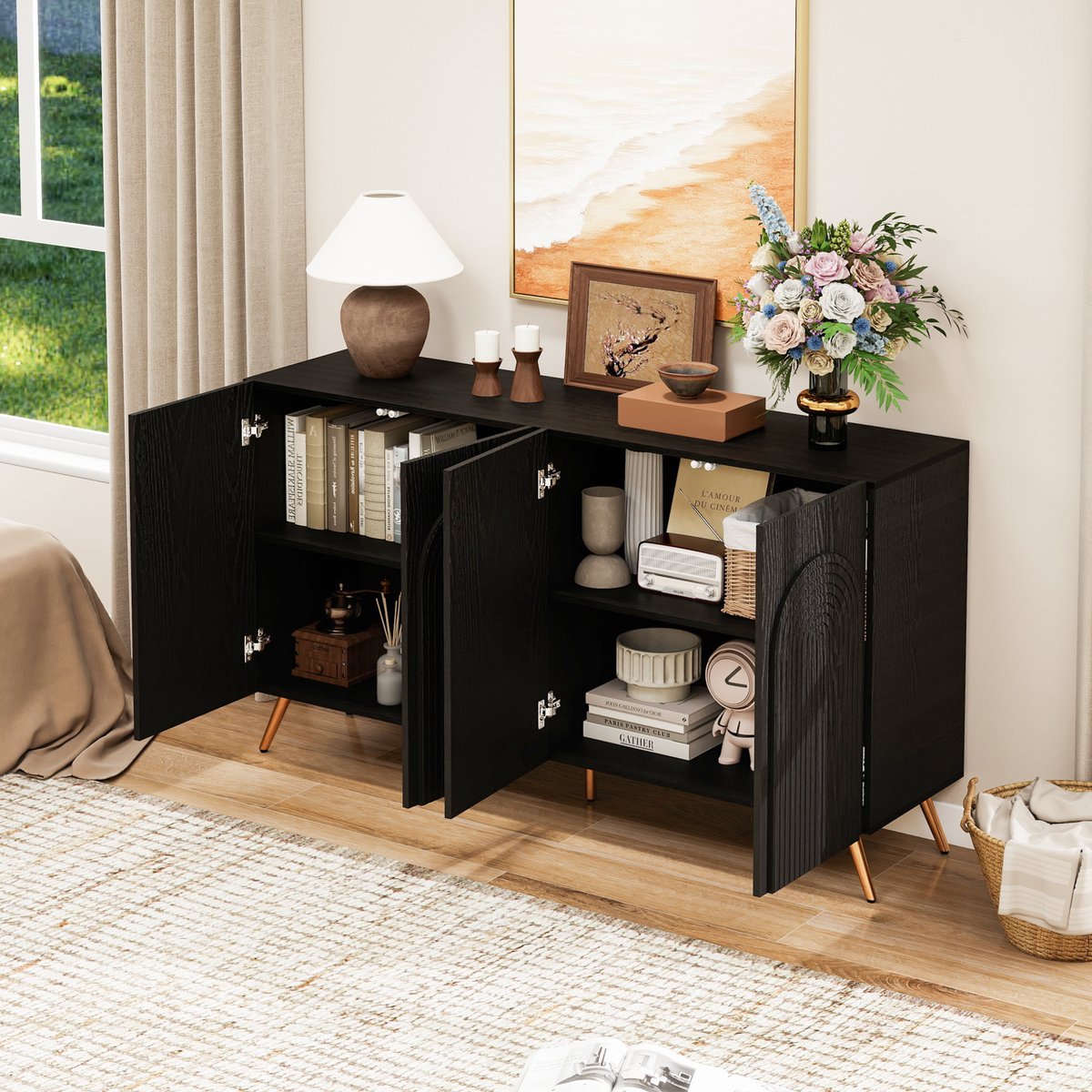 MODFU - Dressoir - Mid-Century - Zwart - 3D-Rillen - Bogendeuren - Verstelbare Planken