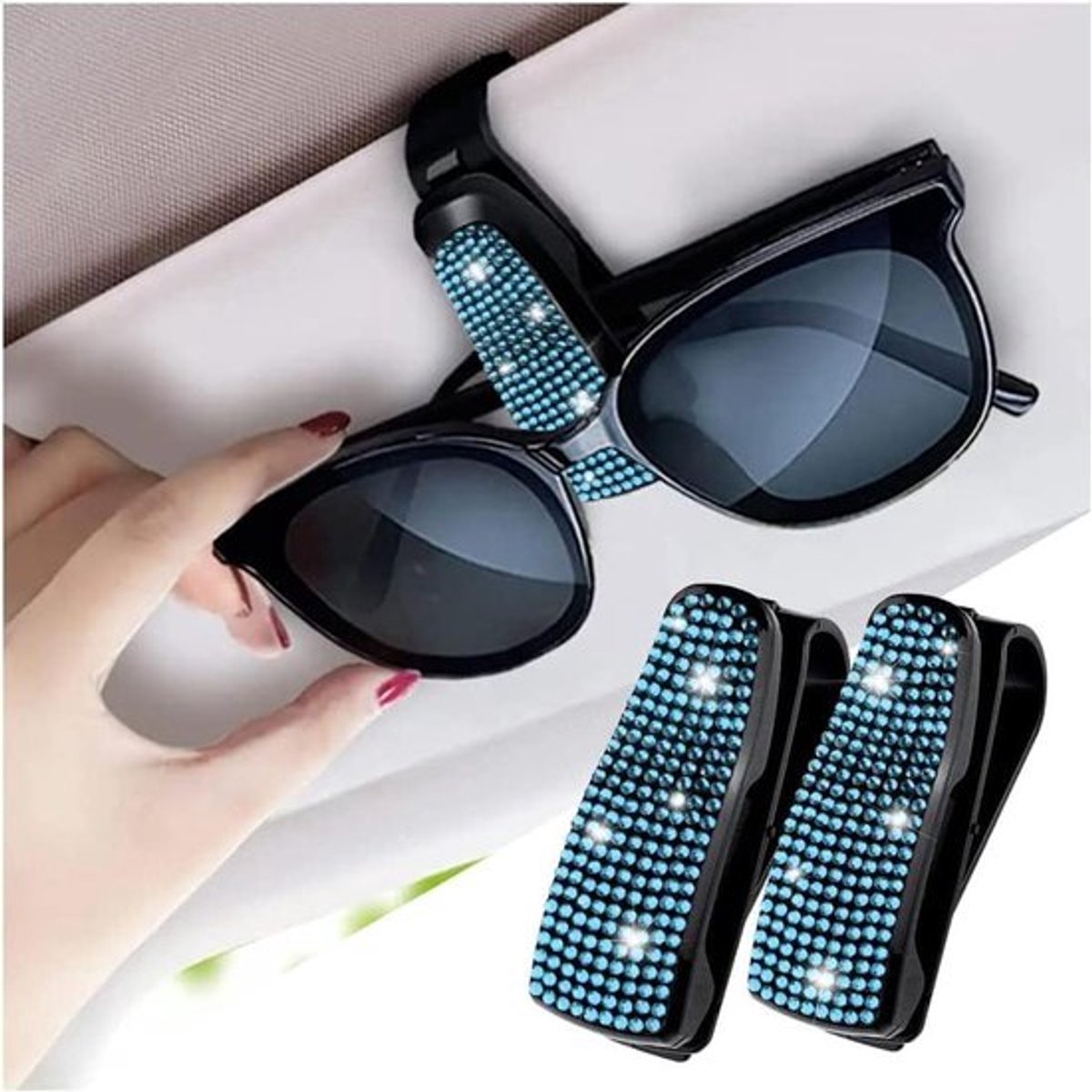 Auto Zonnescherm Organizer - Brillenhouder - Magnetische Sluiting - Strassdecoratie - Stijlvol - Visor Clip - Geschikt voor Alle Auto's - Zwart met Bling - Auto Accessoire voor Vrouwen