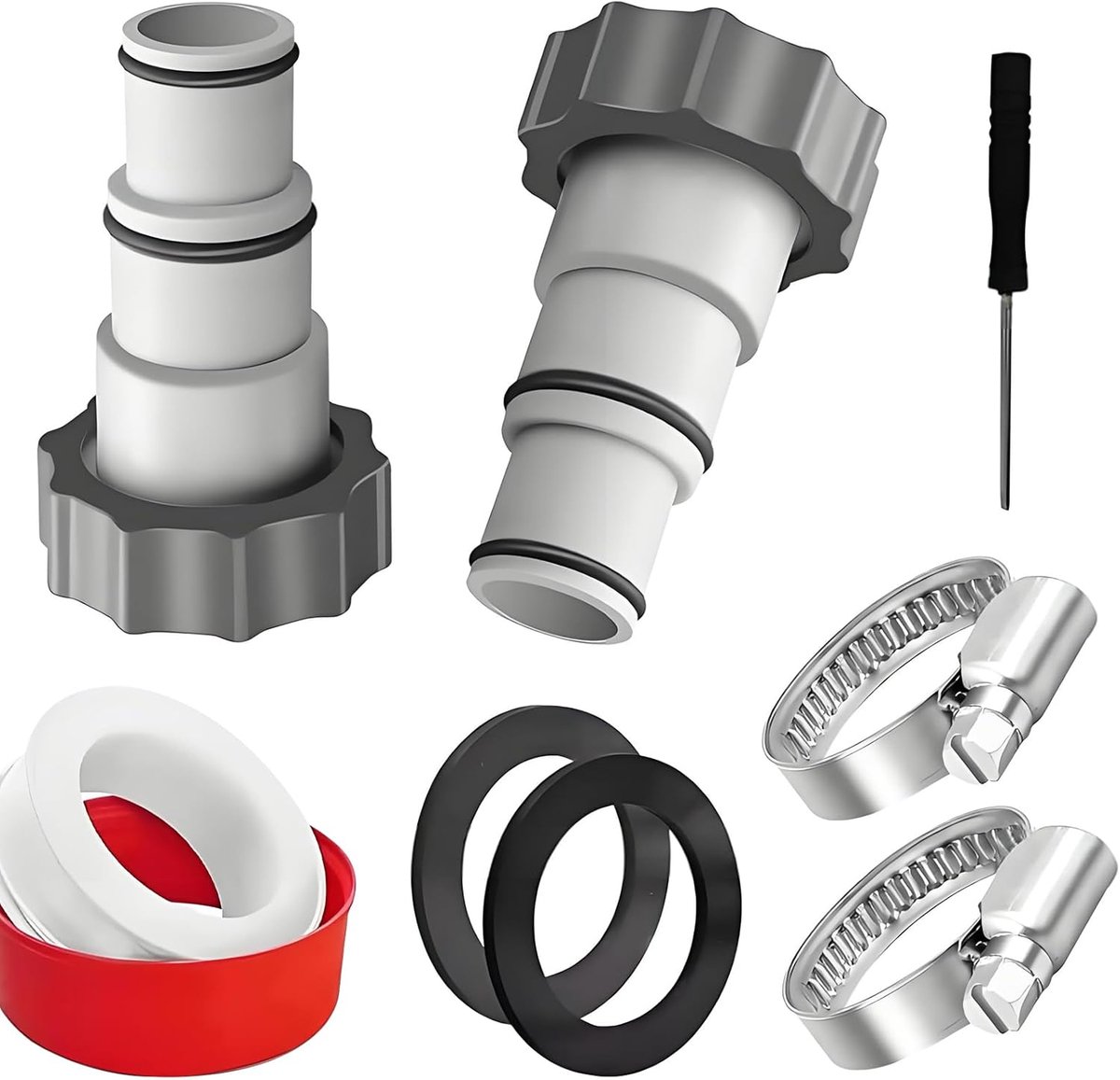 Zwembad Slang Adapter Geschikt voor Intex Adapter A - 2 Stuks - 32mm naar 38mm - Inclusief Slangenklemmen, Schroevendraaier en Teflontape - Grijs