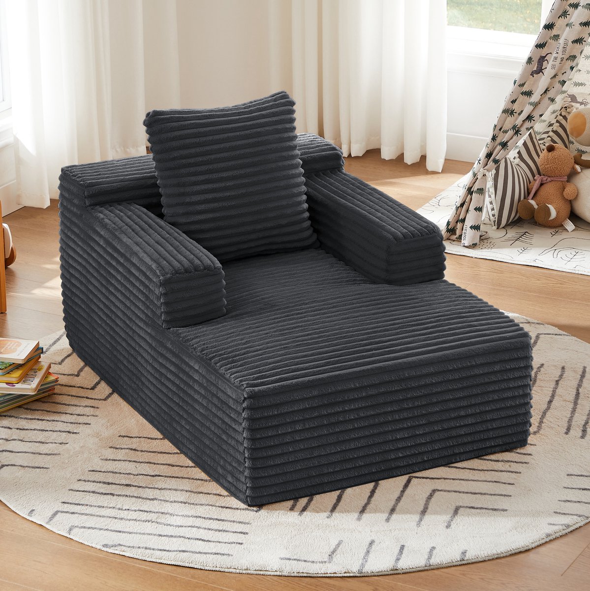 MIVRAY Chaise Longue 117 x 81 x 50 cm - Zonder Montage, Als Relaxfauteuil En Slaapsofa - Voor Woonkamer En Appartement - Ribstof Donkergrijs