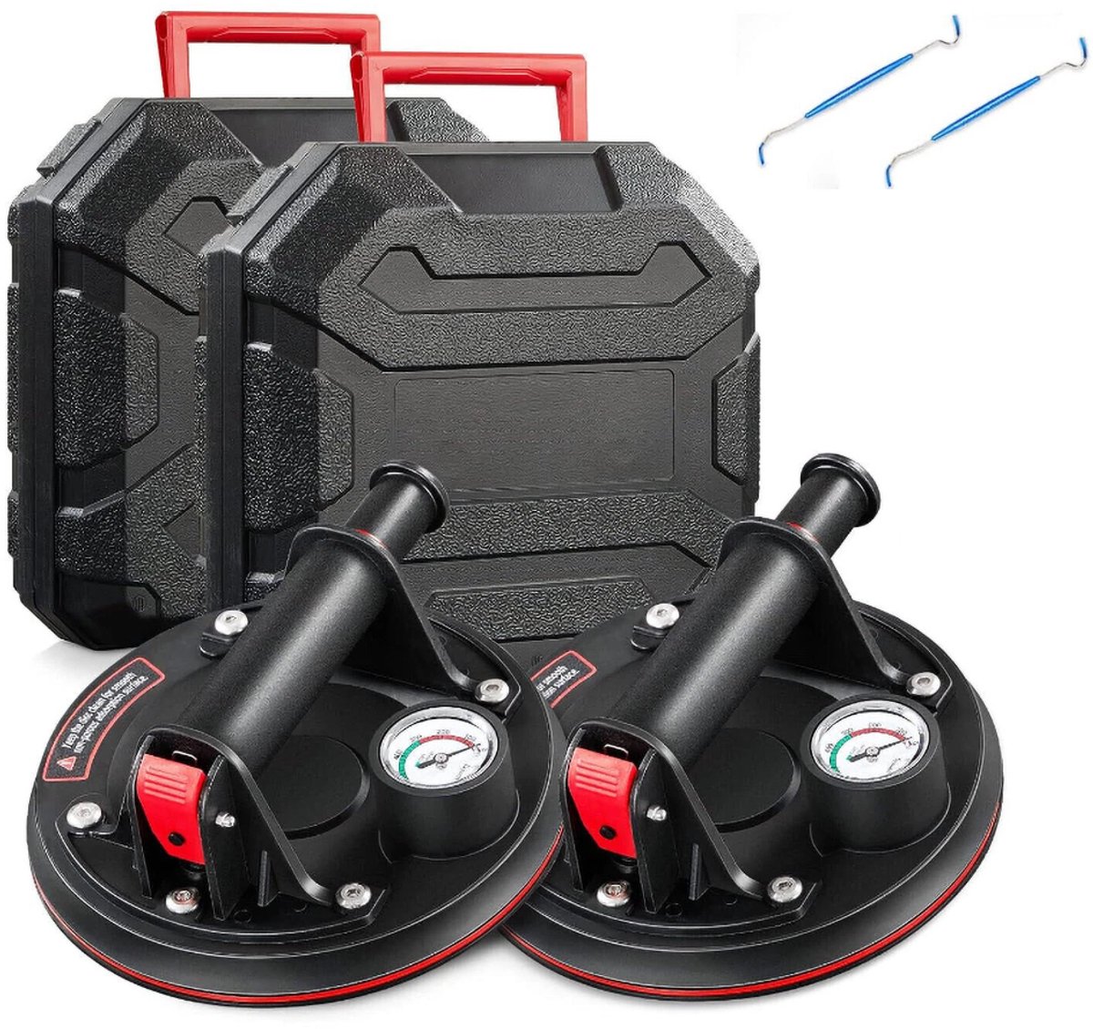 2 vacuümzuignappen - glaszuignappen - met drukmeter - handgreep voor bediening met één hand - drievoudig verdikt - Hoogwaardig draagvermogen van 200 kg - met draagtas - gereedschap voor het verplaatsen van tegels - 2 stuks - zwart