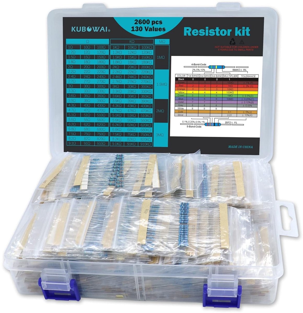 Complete Weerstandscombo Kit, 1 Ohm-3M Ohm, 1/4 Metaal Film Weerstanden, 2600 Stukken voor Elektronica Projecten en DIY Klussen