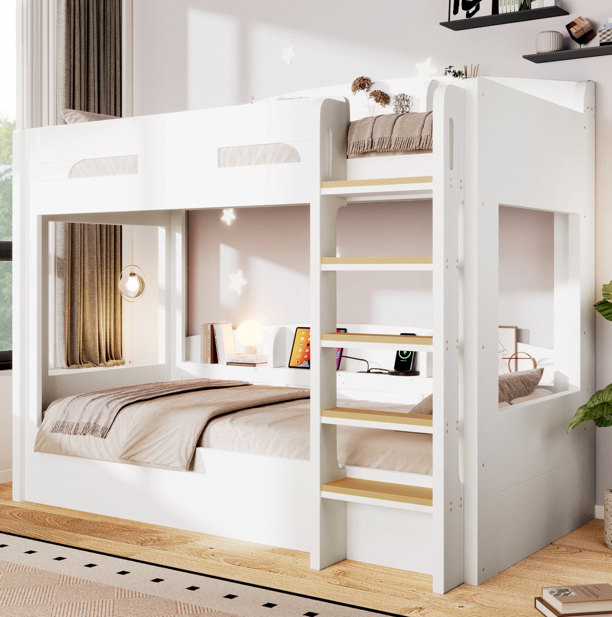 Wishdor Hoogslaper 90x200 cm - met onderbed en usb-aansluiting - opbergvakken boven en onder - modern minimalistisch - wit - hout