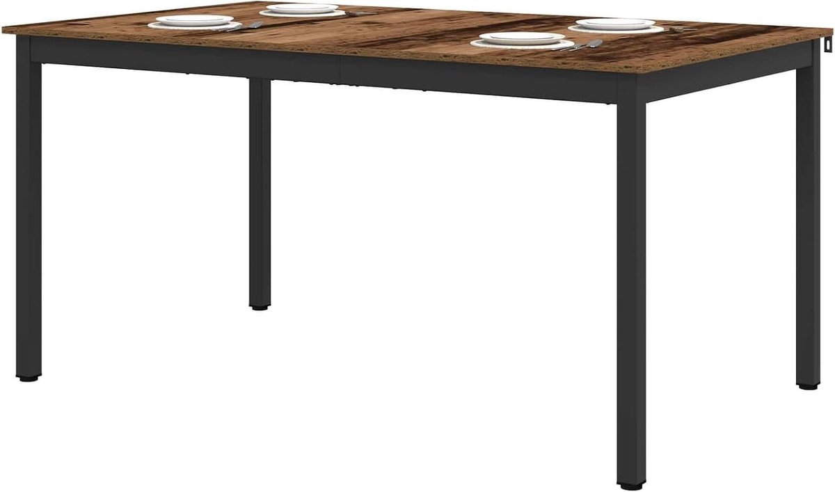 Eettafel Metaal - Eettafel Houtlook - Gezellig Tafelen - Stabiel Metalen Frame - 150 x 90 x 75 cm - Zwart