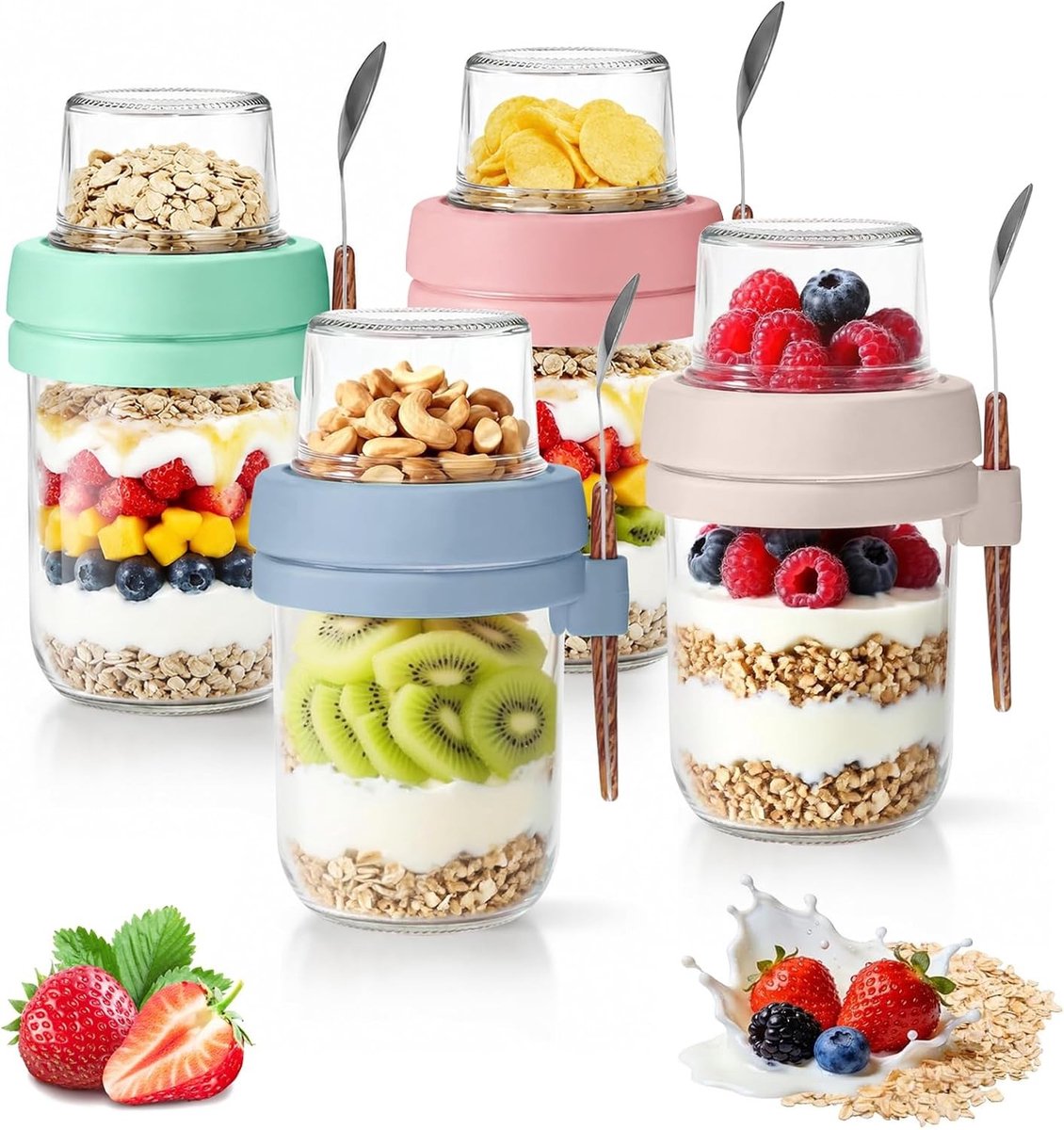 Set van 4 mueslibekers to go met lepel en 480 ml, ideaal voor ontbijt, snacks en onderweg, perfect voor werk en school