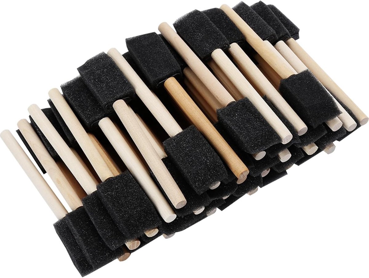 Sponsborstel Set van 50 Stuks - Zwarte Spons met Houten Handvat voor Kinderen - Ideaal voor Schilderen, Knutselen en Graffiti