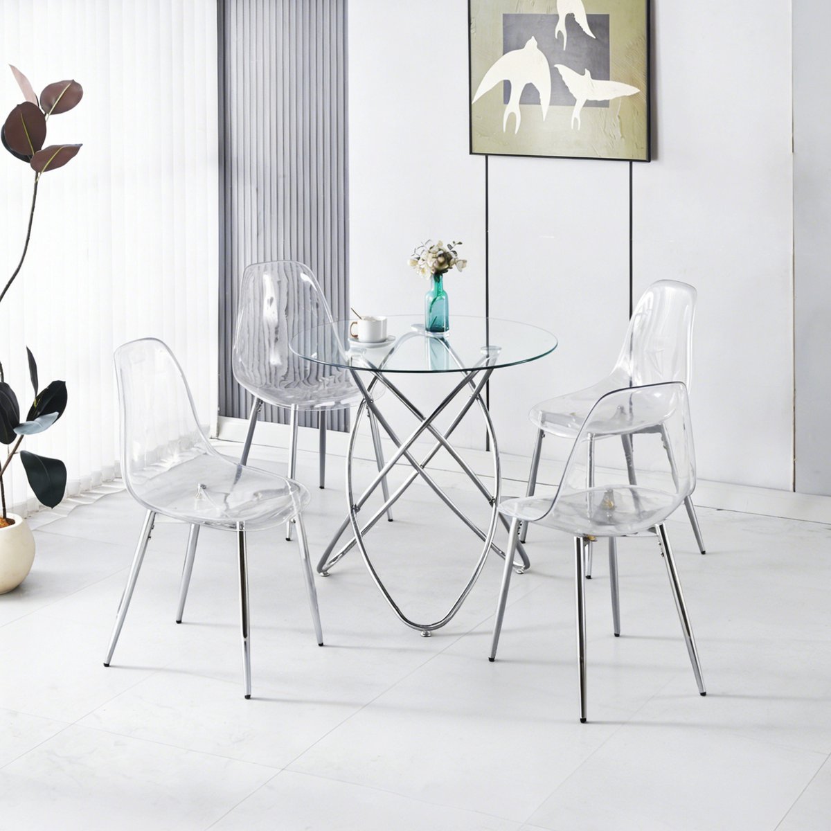 DESMIU Eettafelset 1+4 - Glazen Tafel Met 4 Transparante Stoelen - Voor Eethoek En Woonruimte - Metaal En Kunststof - Chrome
