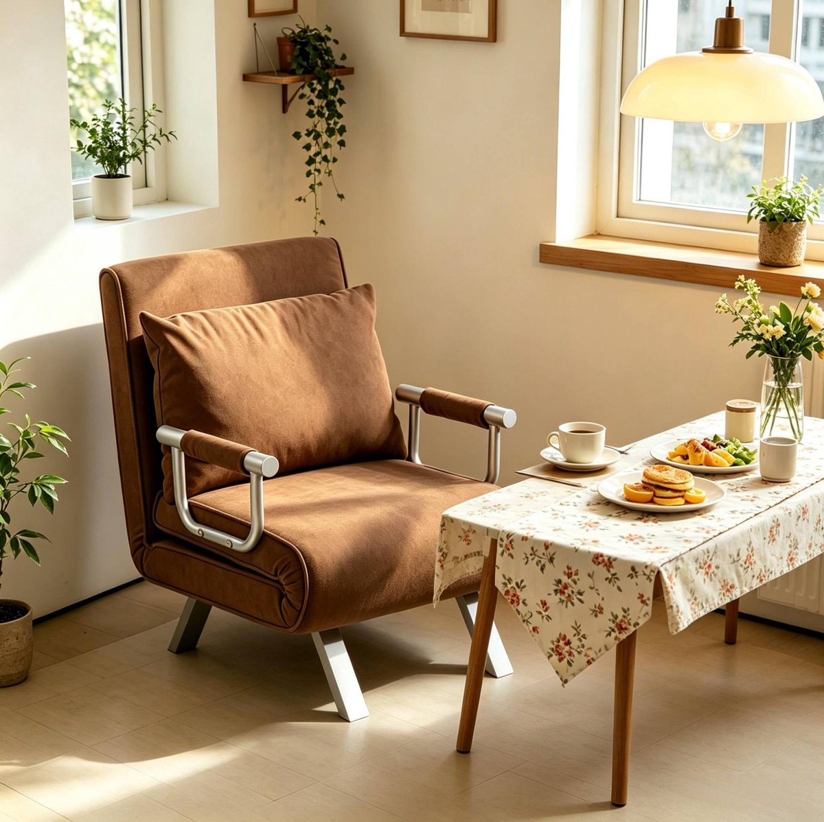 OKWISH Fauteuil – 1-Zits Convertible Slaapfauteuil Met 5 Standen – Verstelbare Rugleuning Voor Wonen Of Logeren – Metaal – Bruin
