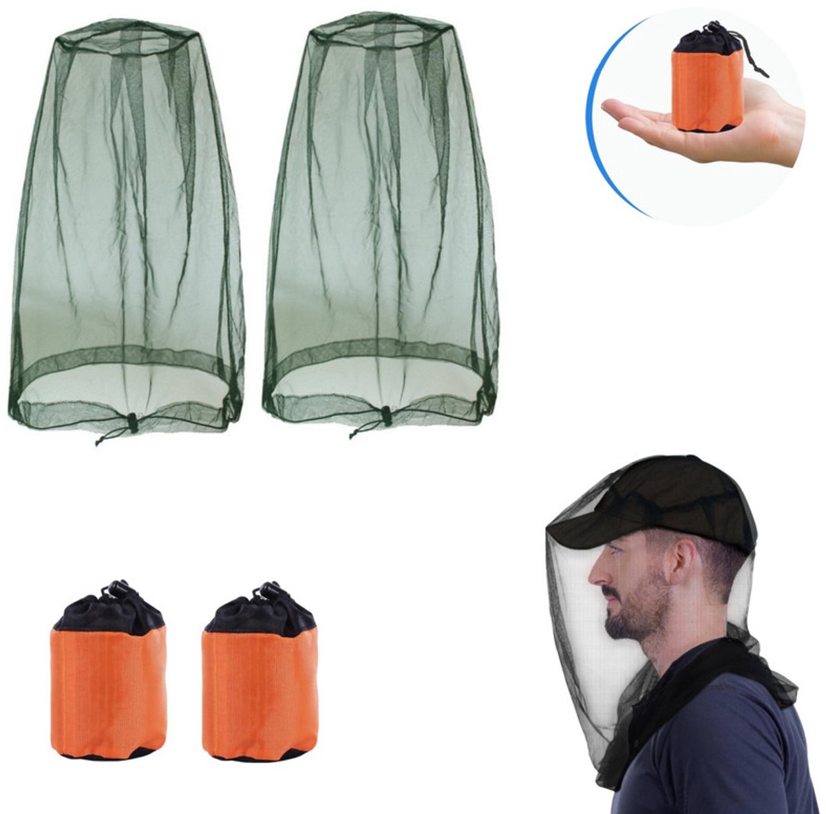 Anti-muggenhoofdnet (set van 2) – Muggenwerend hoofdnet voor de zomer / Insectenwerende gezichtssluier – Gaasnet voor kamperen, wandelen, vissen en tuinieren – Extra groot en extra lang – Ultrafijn gaas – 53 x 66 cm