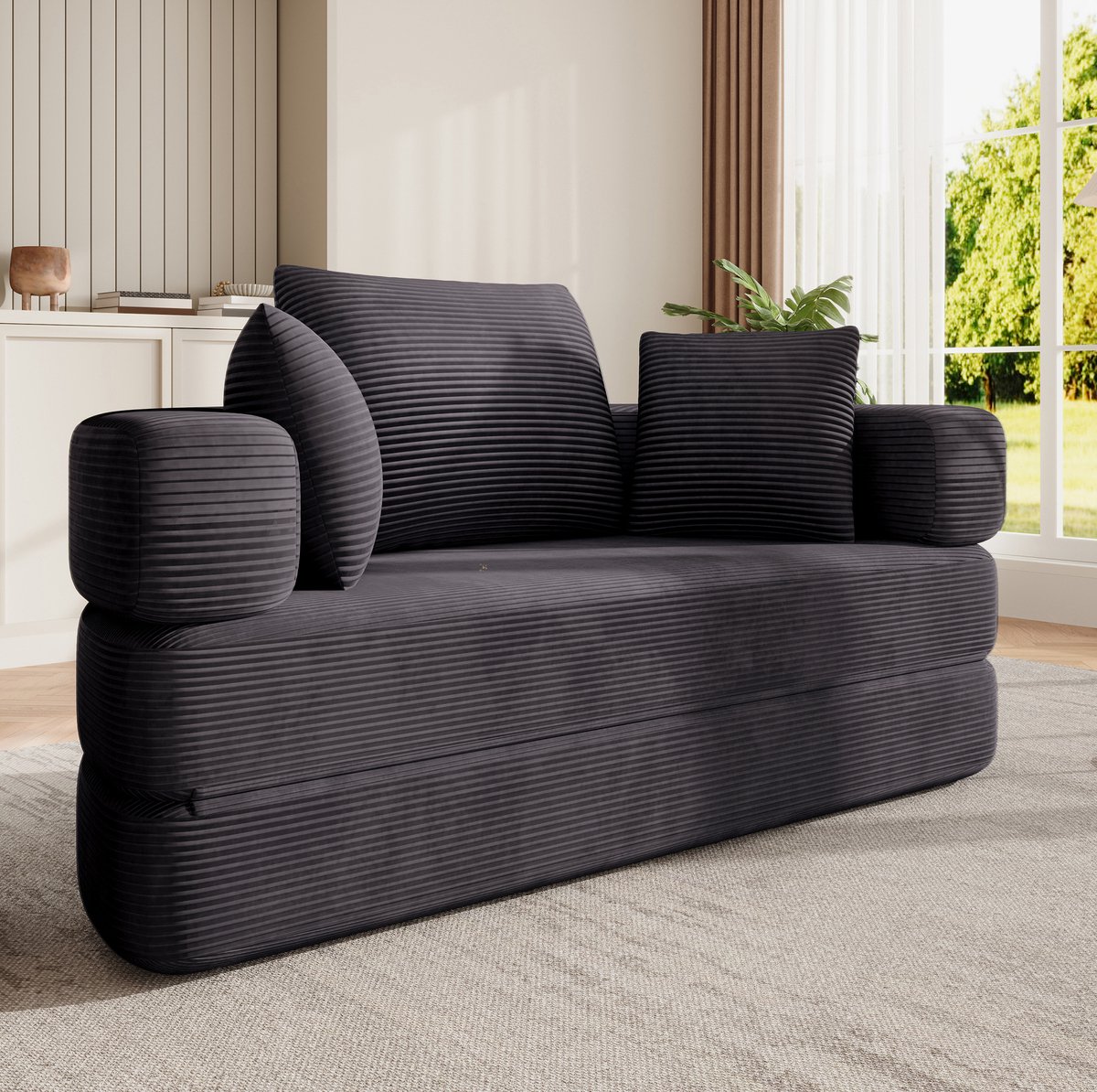 MIVRAY Slaapbank 173 x 176 cm - Opvouwbare 2-in-1 Bank Met 3 Kussens - Voor Appartement En Logeerkamer - Cord Zwart