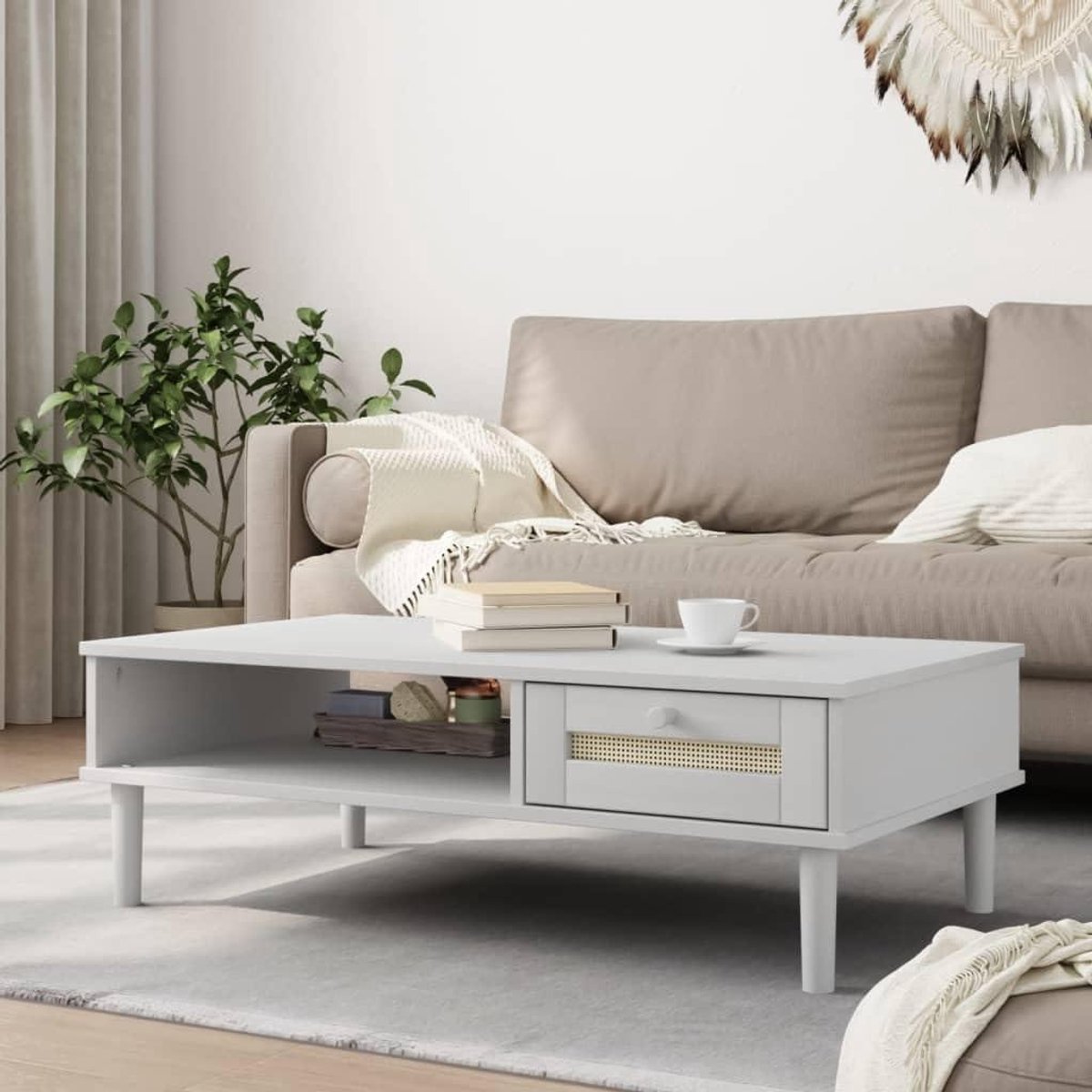 Salontafel - Bijzettafel Koffietafel - Woonkamer organiseren - Rotan-look met lade - 100 x 55 x 33 cm - Wit