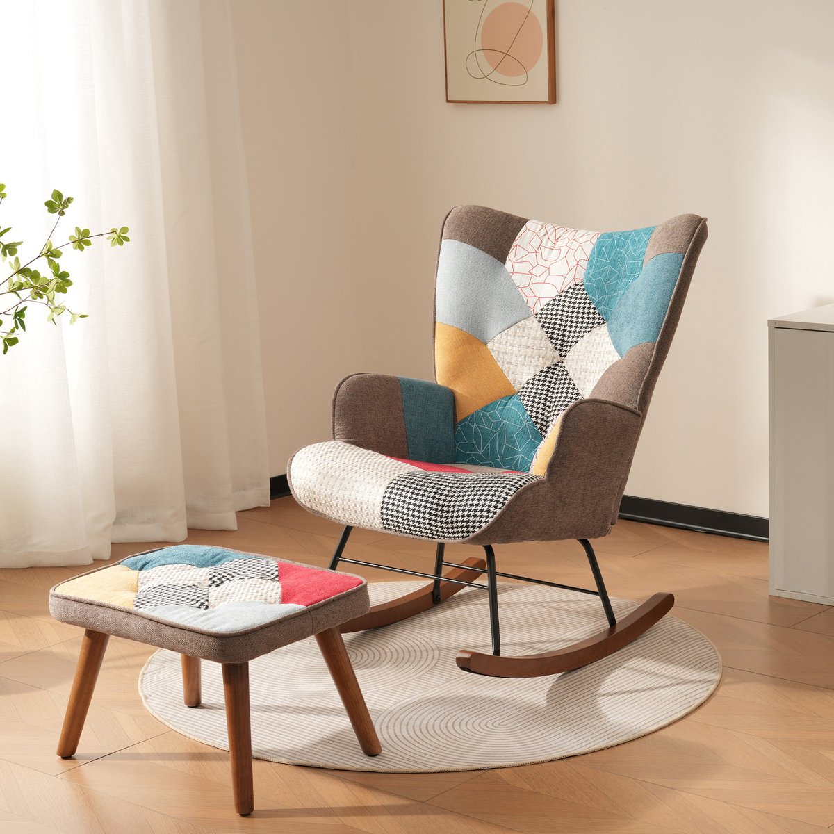 DESMIU Schommelstoel - 69,5 X 50 X 88,5 Cm - Met Hocker En Armleuningen - Voor Woonkamer En Ontspanningshoek - Stof Hout Metaal - Kleurrijk Meerkleurig