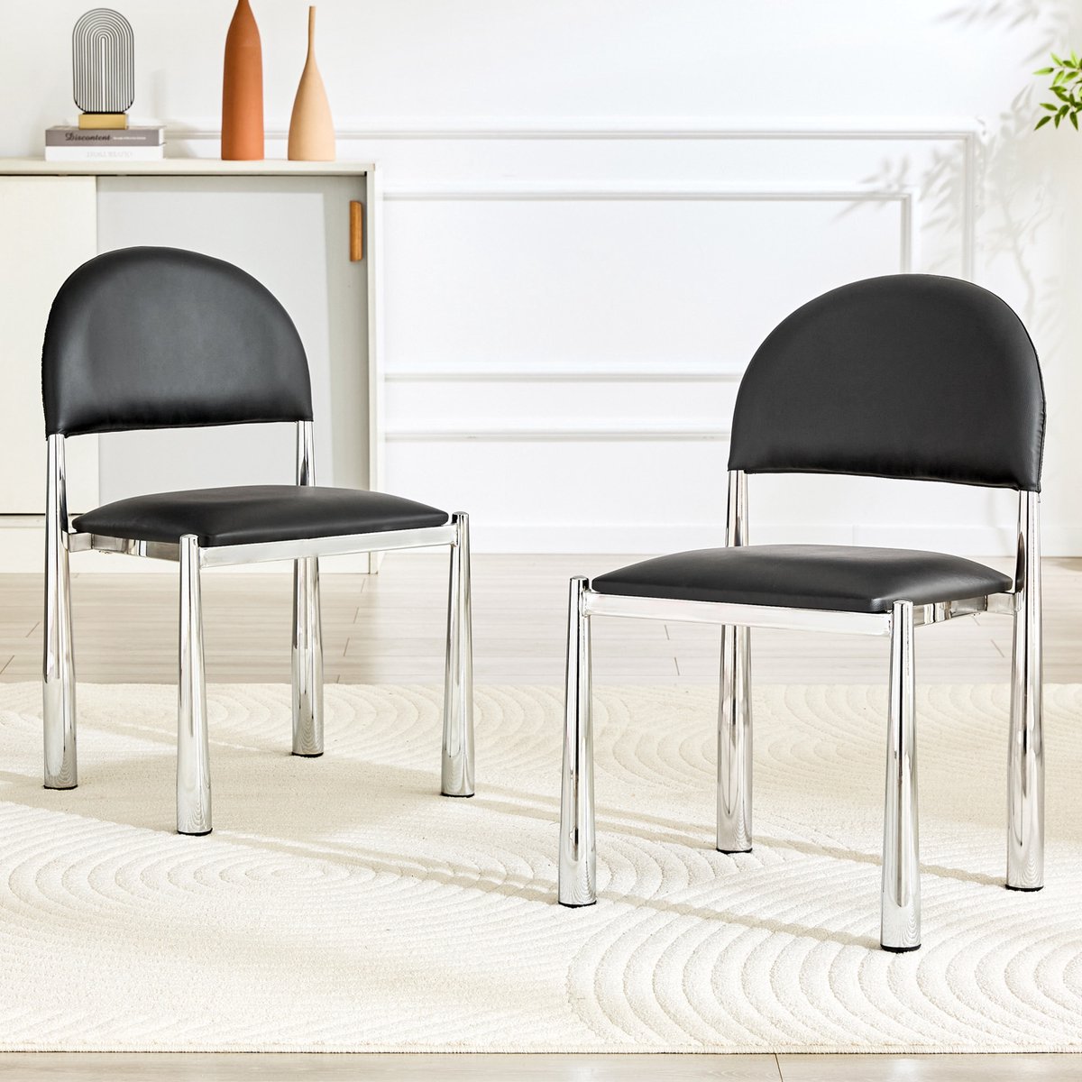 Wishdor - Eetkamerstoel set van 2 - gepolsterde halfronde rugleuning - modern design voor eetkamer en keuken - kunstleer en metaal - zwart - 80 cm