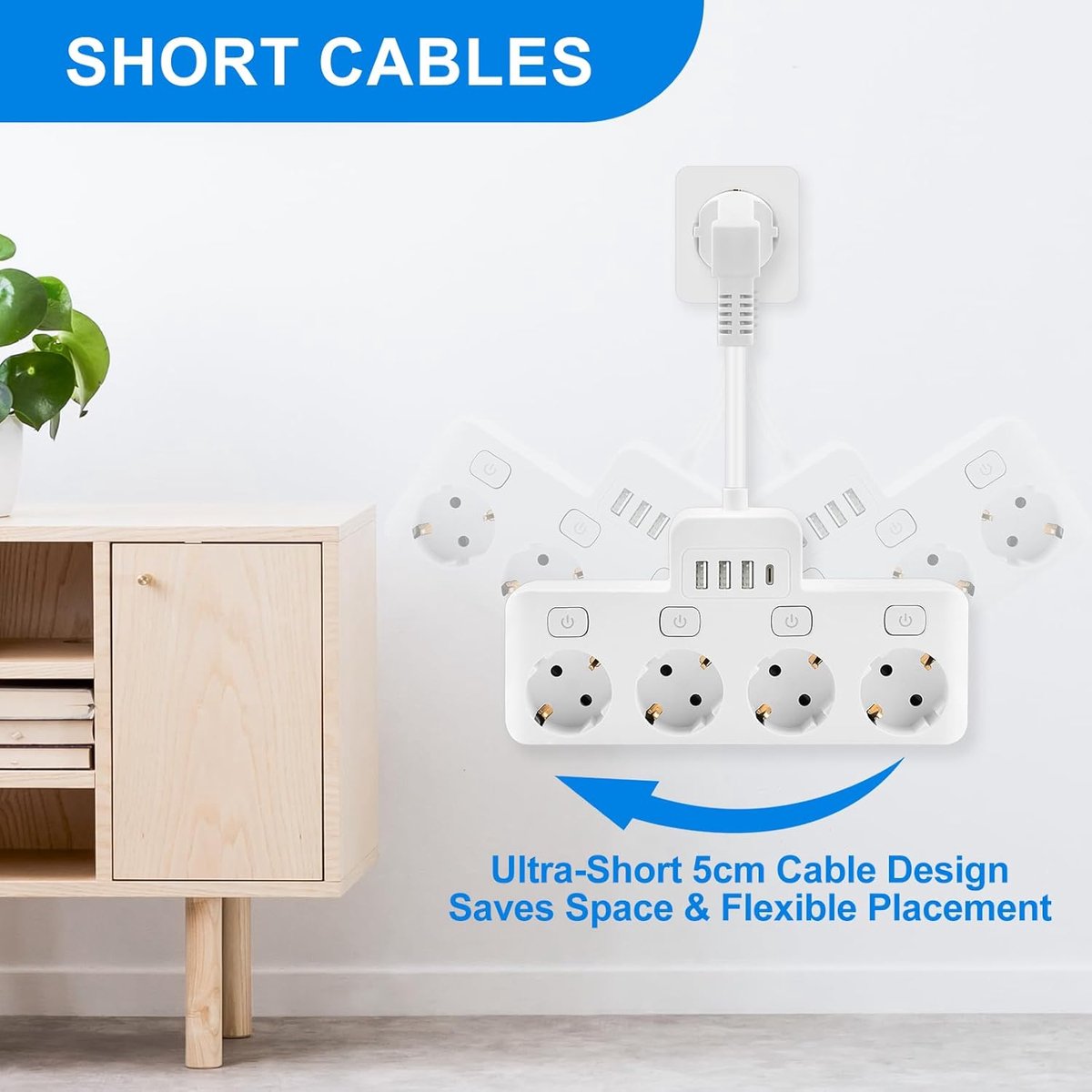 SnelShoppen - Stekkerdoos met USB, 4-voudige Wandstekkerdoos met Individuele Schakelaars, 3 USB-A & 1 USB-C, EU Stopcontact voor Woonkamer, Slaapkamer