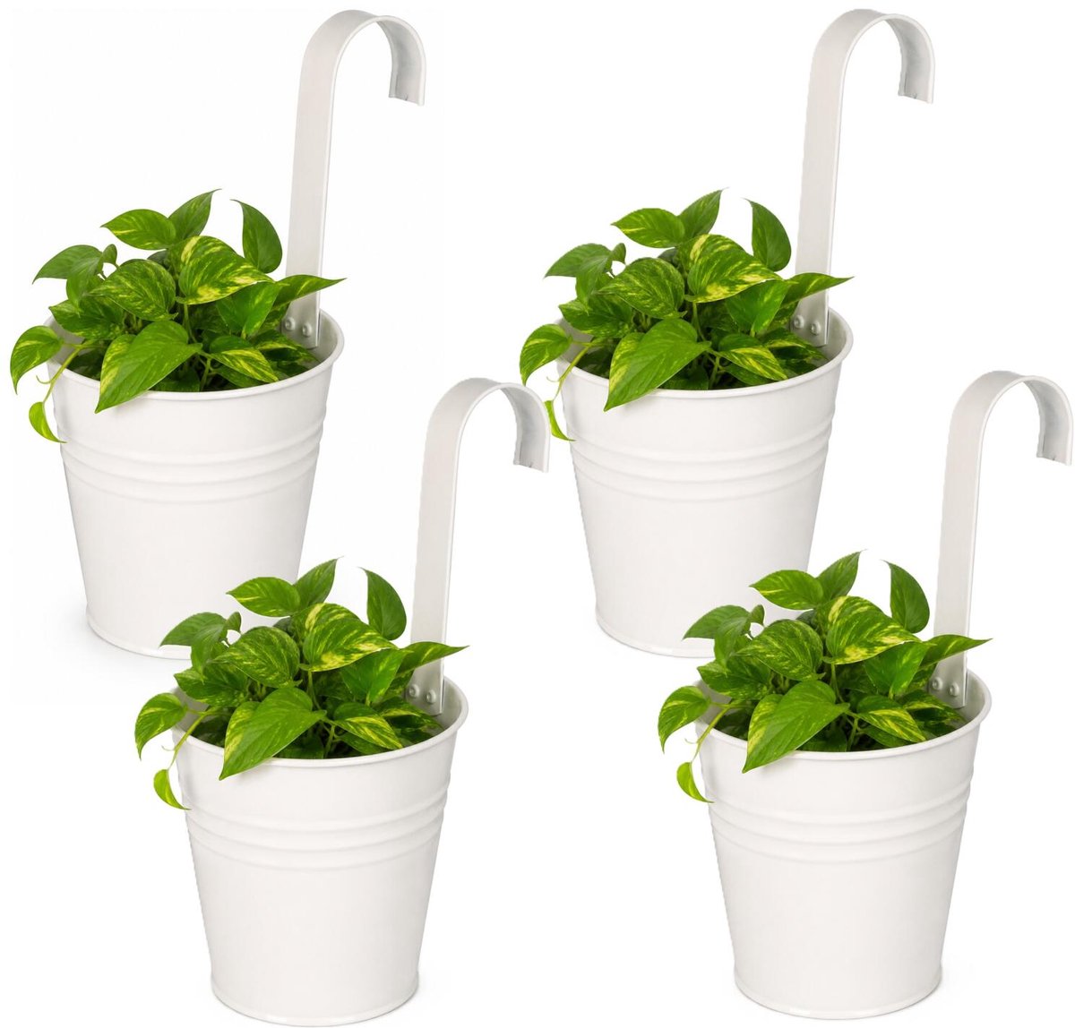 ProGarden Bloempotje met haak - 4x - plantenbak zink met ophanghaak - wit - 20 x 13 x 26 cm - ophangbaar - Balkon/schutting plantenpot