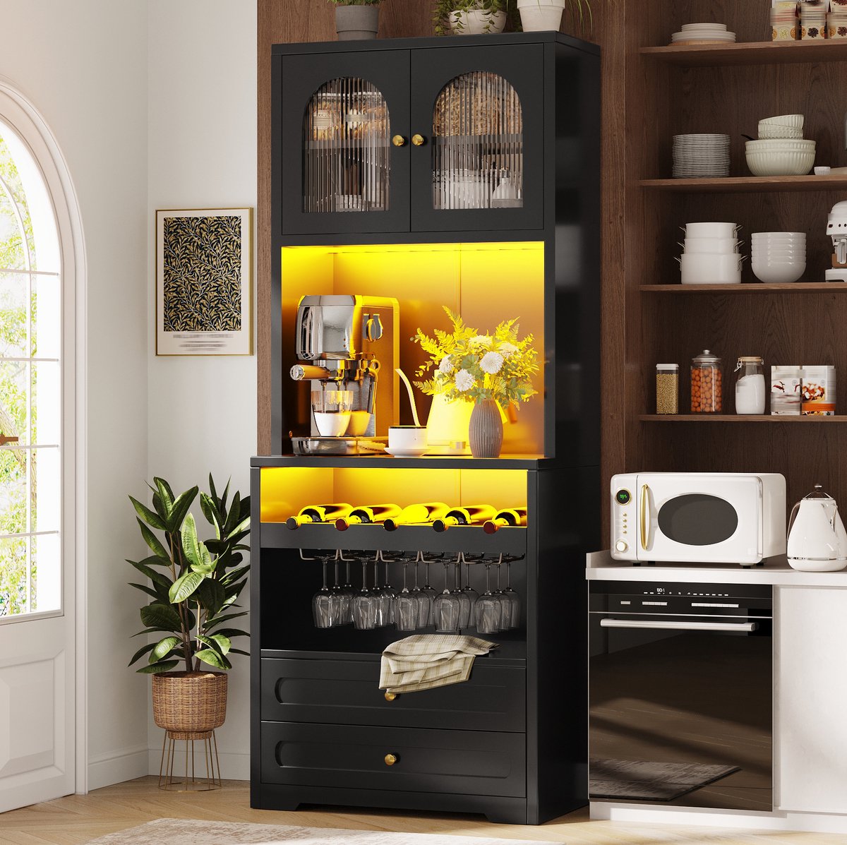 OKWISH Hoge Kast - Gebogen Glazen Deuren - LED Via App en Muzieksynchronisatie - Wijnrek en USB - MDF Zwart - 70 x 40 x 180 cm