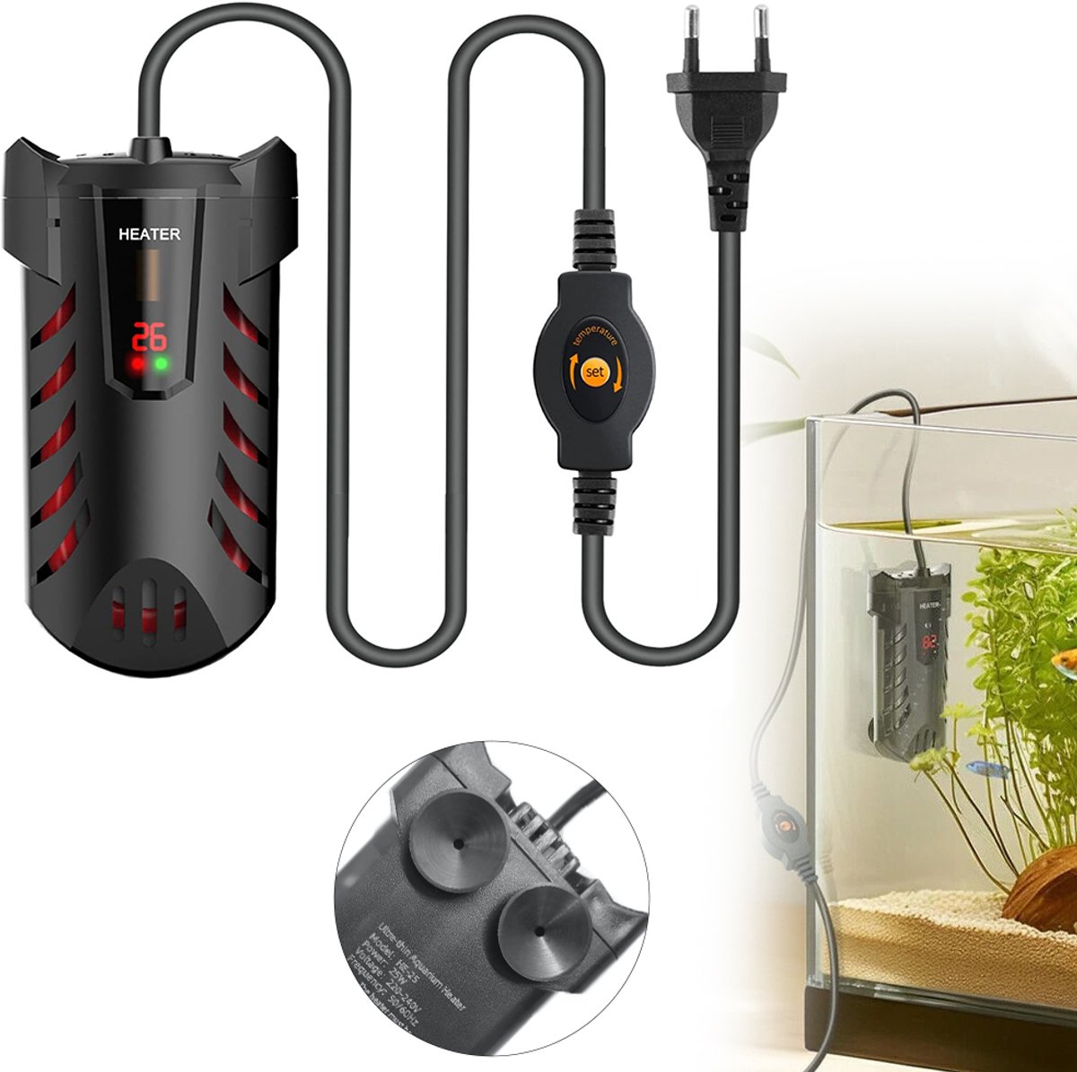 Aquariumverwarming - 25W - Aquariumverwarmingsstaaf - Verwarmingselement - Automatische thermostaat - Verstelbare verwarming met temperatuurregelaar en digitaal LED-display - 7*12,5*2,5 cm - Zwart