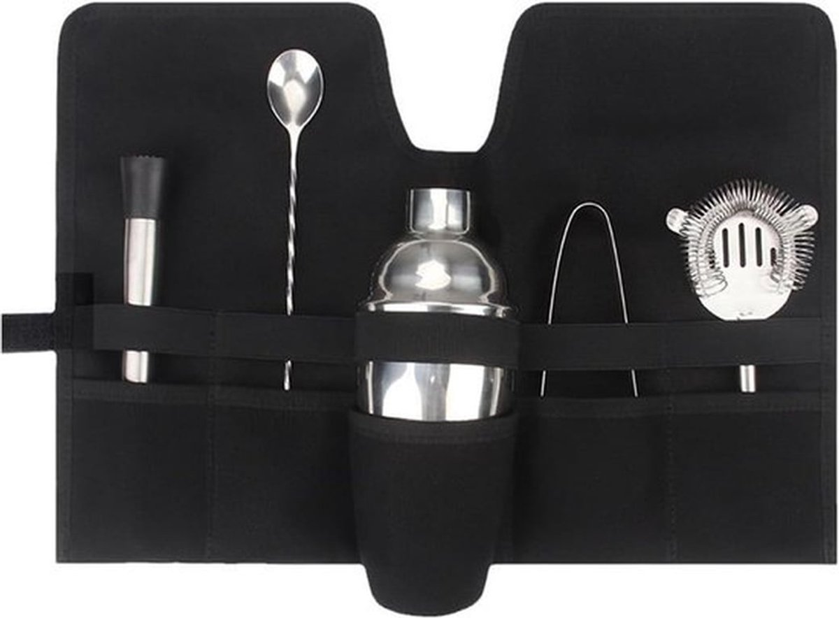 Barman Kit draagtas, professionele mixologie gereedschapstas voor kamperen buiten, canvas cocktailset met draagbare opvouwbare rolriem (zwart)