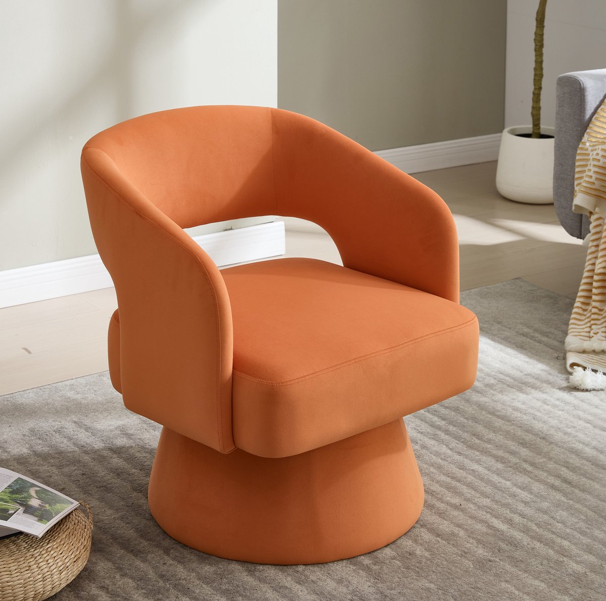 FloraGrace Fauteuil 68 Cm Draaibaar - Met Armleuningen En Zacht Zitvlak - Voor Woonkamer Slaapkamer En Kantoor - Chenille - Oranje
