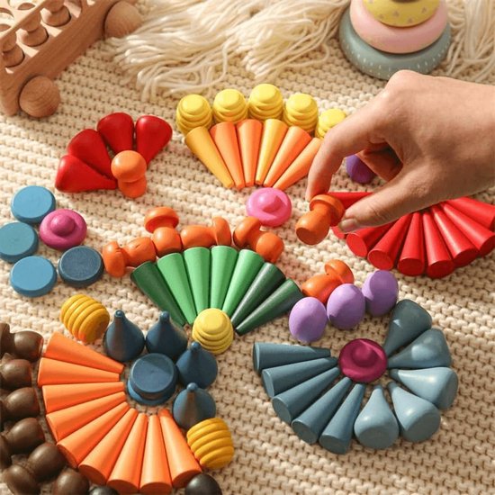 81 Stuks Losse Onderdelen Speelmaterialen Houten Regenboog Stapelspeelgoed, Voorschoolse Leerzame Educatieve Vorm Sorteer Sensorische Speel Montessori Speelgoed — afbeelding 3
