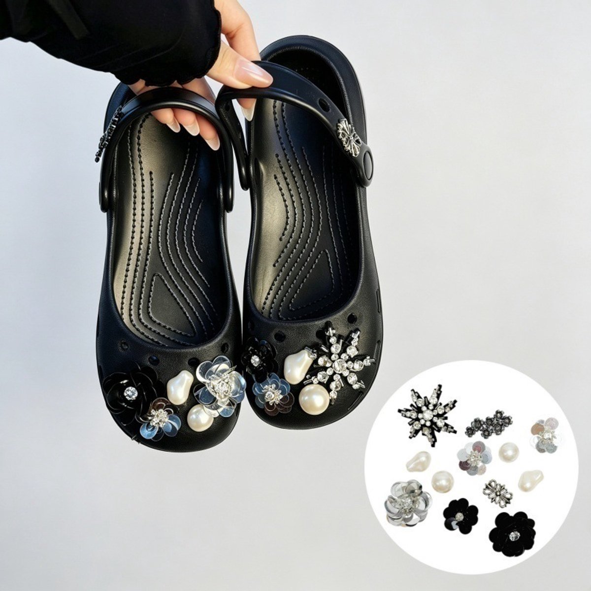 Schoenaccessoires-geschikt voor crocs charms- geschikt voor crocs pins- geschikt voor crocs Accessoires- geschikt voor Crocs Jibbitz-CJ-429 Zwarte IJzeren Knipstraler Camellia No. 2