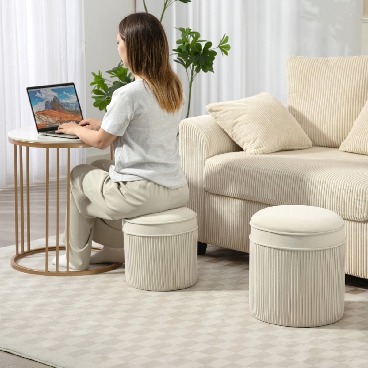 HAUSS SPOLE Hocker - Opbergpoef Set Van 2 - Rond Met Deksel En Nestbaar Design - Zitkruk En Voetenbank Voor Woonkamer - Crèmewit