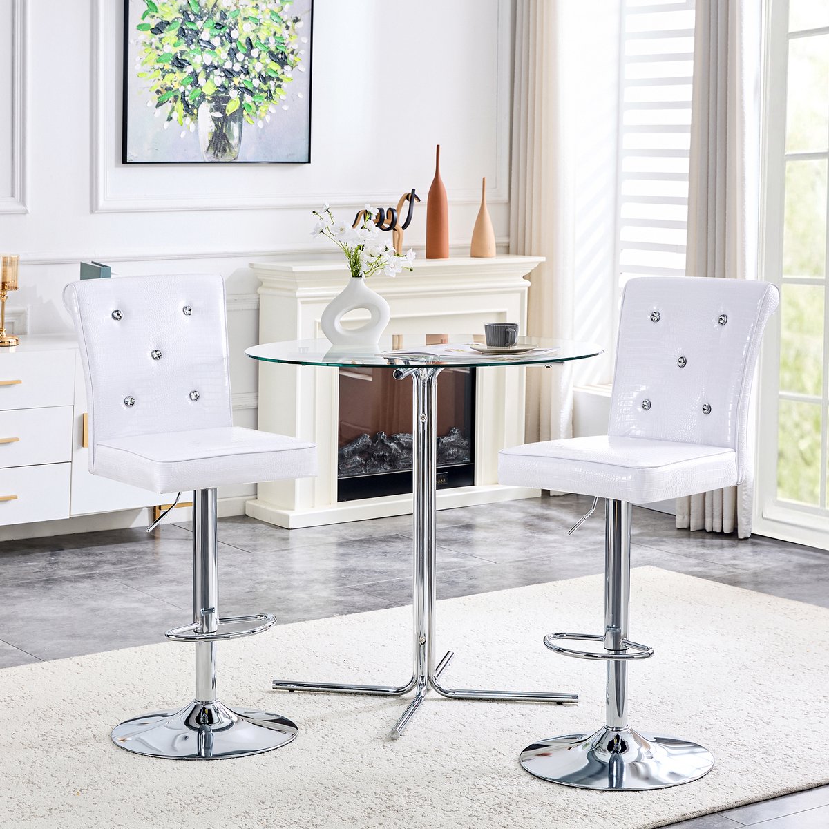 HAUSS SPOLE Eetkamerstoel - Vintage Design - Set Van 2 - Verstelbaar Met Kristalknoopdetails - Voor Eethoek En Bar - Kunstleer Wit