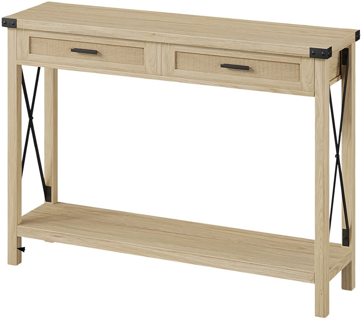 Sidetable - Boho Console Tafel met 2 Rotan Lades en Opbergplanken, Smal - Zilver