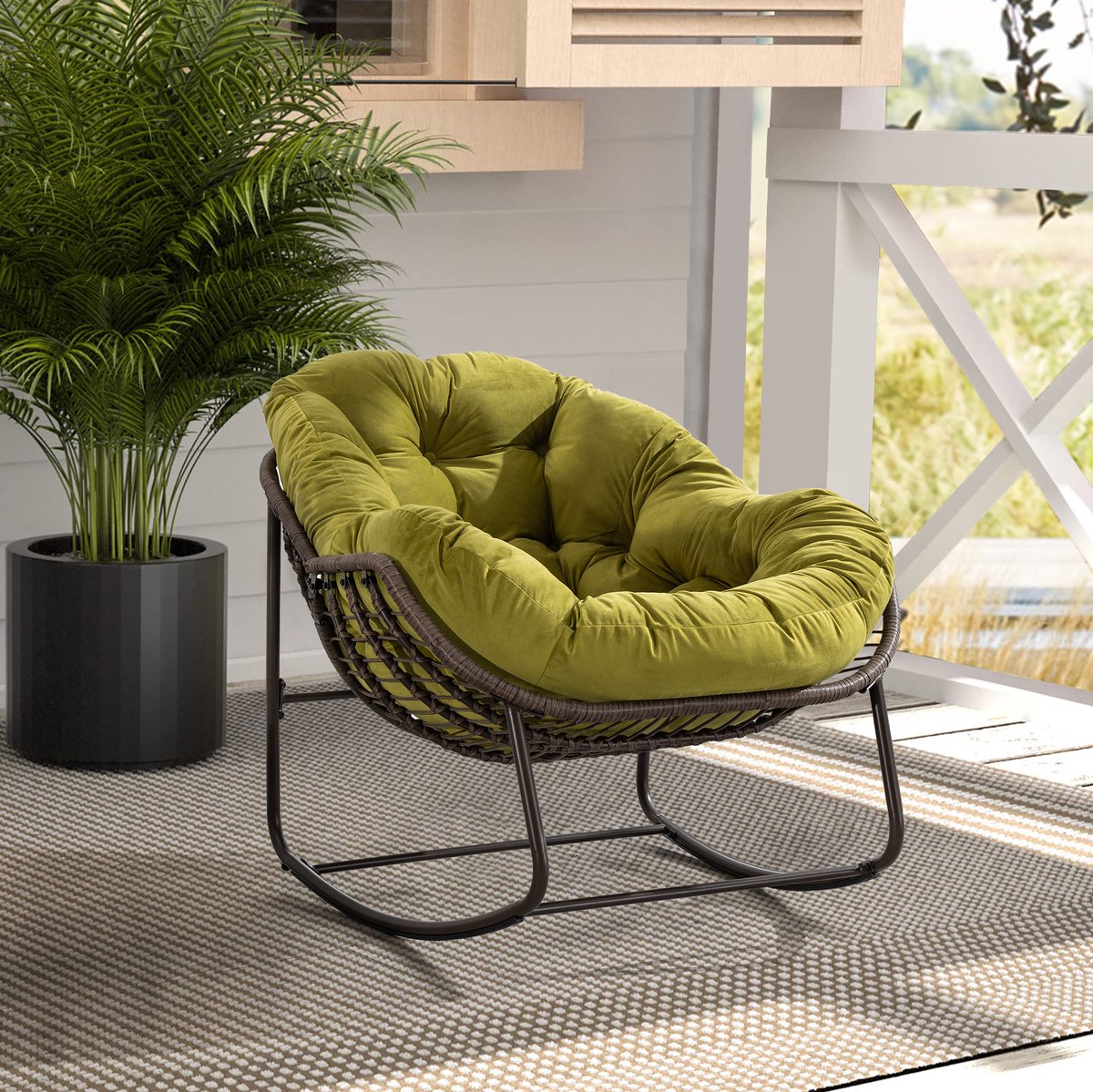 MIVRAY Schommelstoel 78 x 106 x 90 cm - Handgeweven Rotan Met Dik Kussen En Stalen Frame - Voor Tuin En Veranda - Olijfgroen