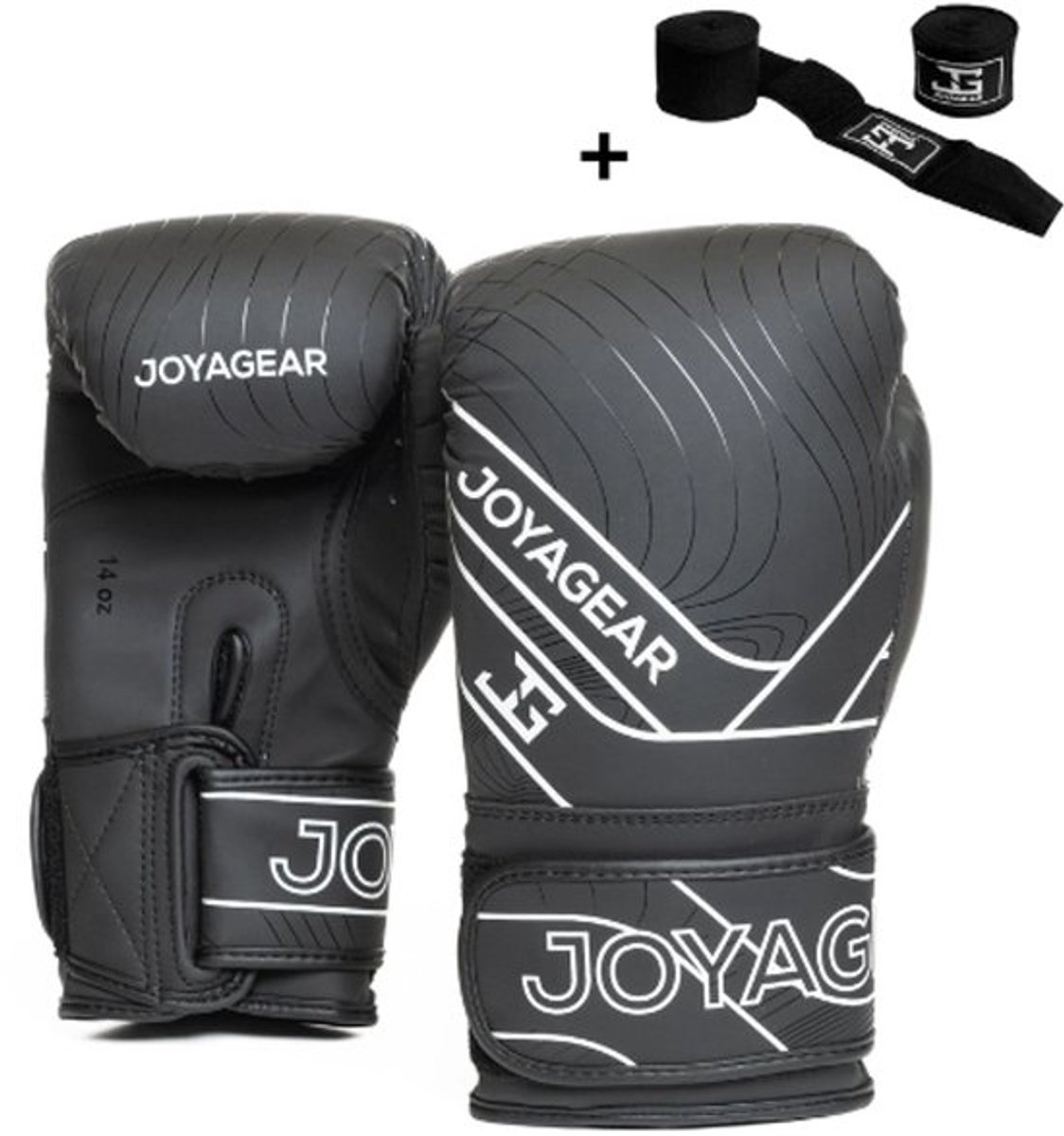 Joyagear ESSENTIAL Bokshandschoenen – Zwart/Wit – 16 oz – Kickbokshandschoenen met Klittenbandsluiting – Inclusief Bandage