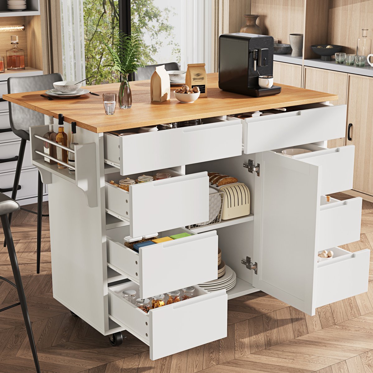 COVREO keukeneiland 122 x 74,5 x 91,5 cm - uitklapbaar werkblad, 8 lades, wielen, wit