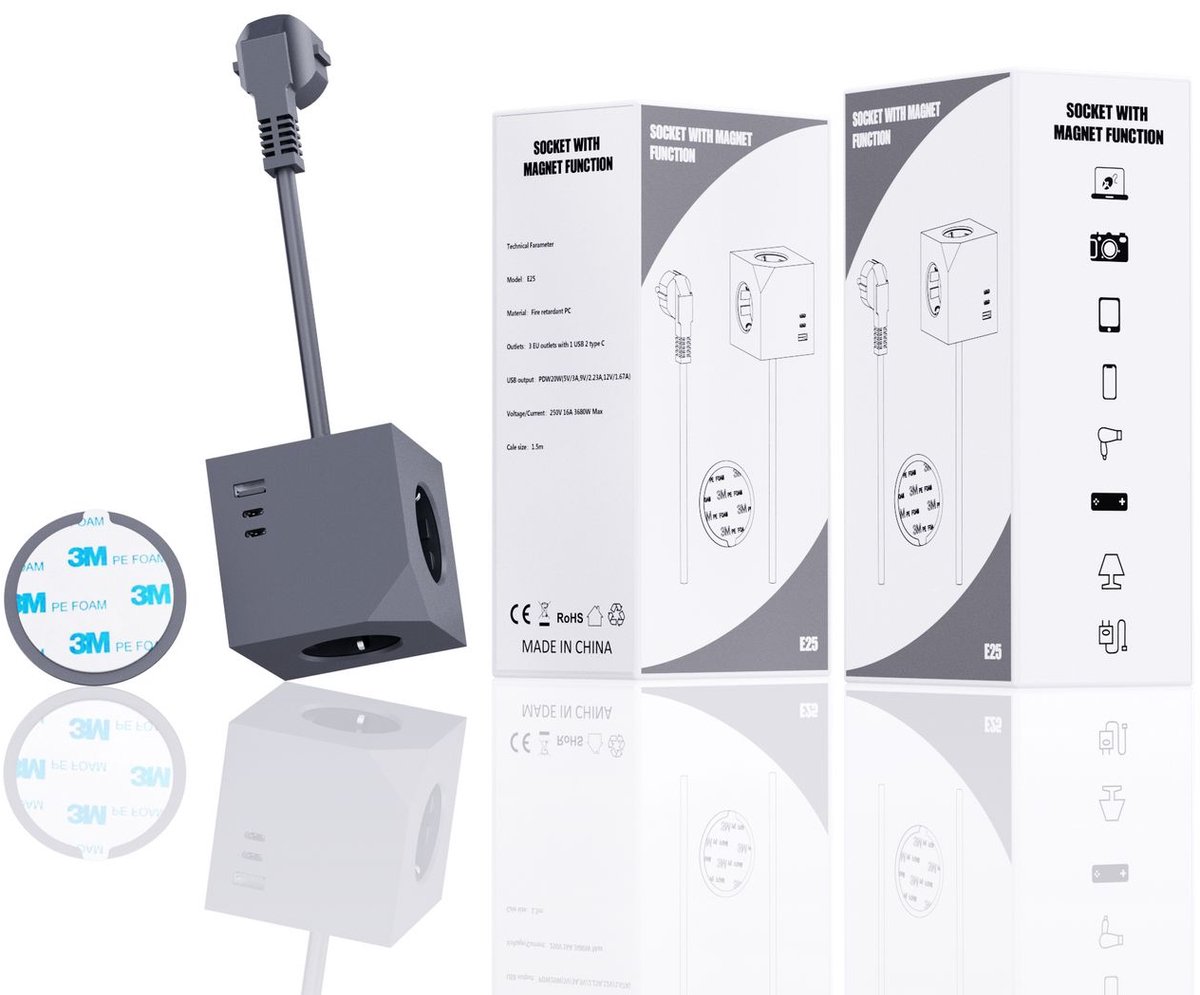 MicroConnect Power Cube 3 Schuko outlets with Magnetic function 2 (MC-CUBE015USBMAGNETIC)