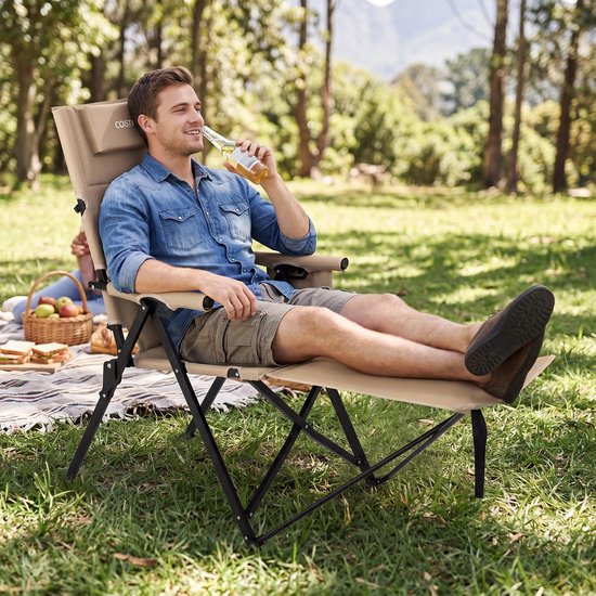 COSTWAY Campingstoel met voetensteun, inklapbare ligstoel (kaki) - 4-voudig verstelbare rugleuning, hoofdsteun en zijvak, tuinstoel, strandstoel, klapstoel voor kamperen van Costway — afbeelding 5