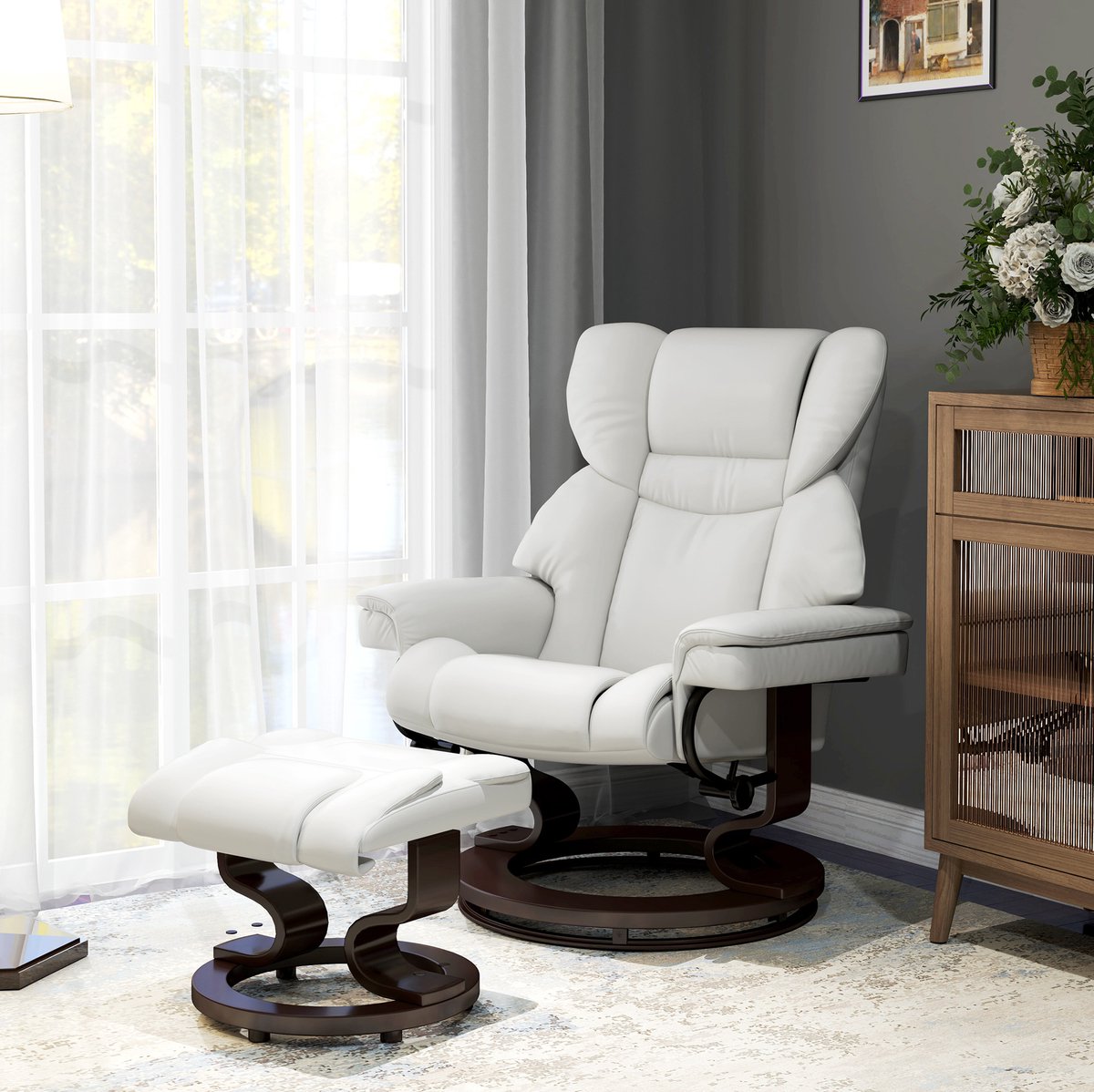 FloraGrace Relaxfauteuil Met Hocker Elektrisch Draaibaar Met Massagefunctie En Afstandsbediening Voor Woonkamer Kunstleer Crèmewit