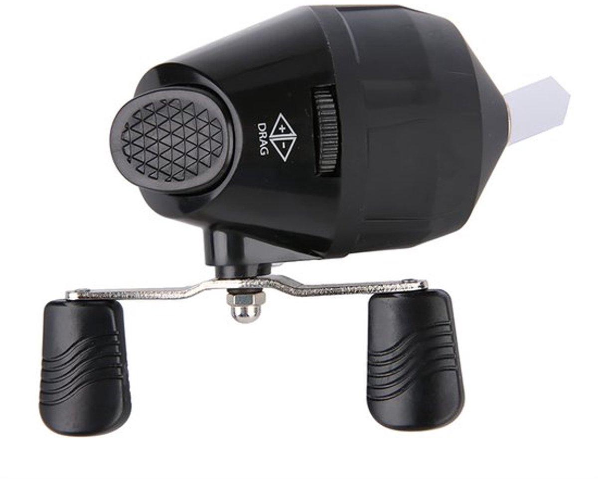 Lichtgewicht en draagbare spincast vismolen met metalen slingerarm en harpoenpijl, ideaal voor beginners en vissers, uitgevoerd in blauw en zwart