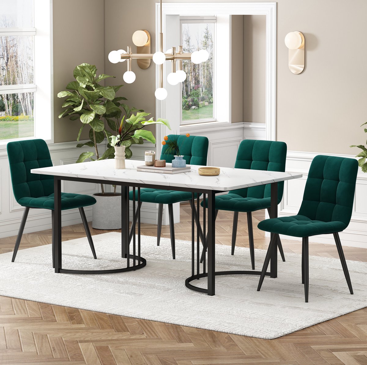 DESMIU Set Tafel En Stoelen 140 x 80 cm - Eettafel Met 4 Fluwelen Stoelen - Moderne Keuken En Eetkamer - Hout En Metaal - Wit Groen