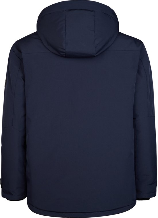 Achterkant van donkerblauwe winterjas met capuchon.