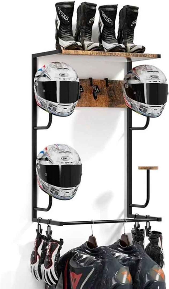 CORE Motorhelm Wandhouder - Helmstandaard met 4 Helmhouders - Wandbevestiging voor Motorhelm, Hoeden en Kleding - Inclusief 4 Handschoenclips en 4 Haken - Wandrek voor Motoraccessoires en Opberging - 43x25x82cm - Zwart en Rustiek Bruin