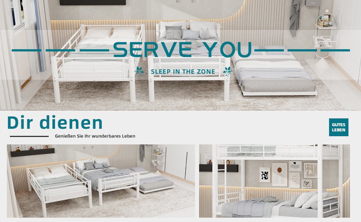 MIVRAY Stapelbed 90x190 cm - Eenpersoonsbed Zonder Matras met Veiligheidshekken en Ladder - Splitsbaar - Metaal - Wit