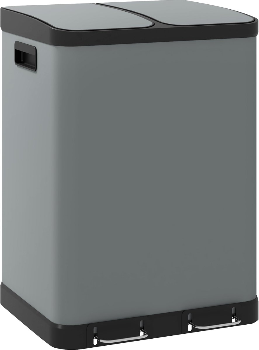 Afvalbak met twee compartimenten - 2 x 30 liter - vingerafdrukbestendig - pedaal - uitneembare binnenemmers - grijs
