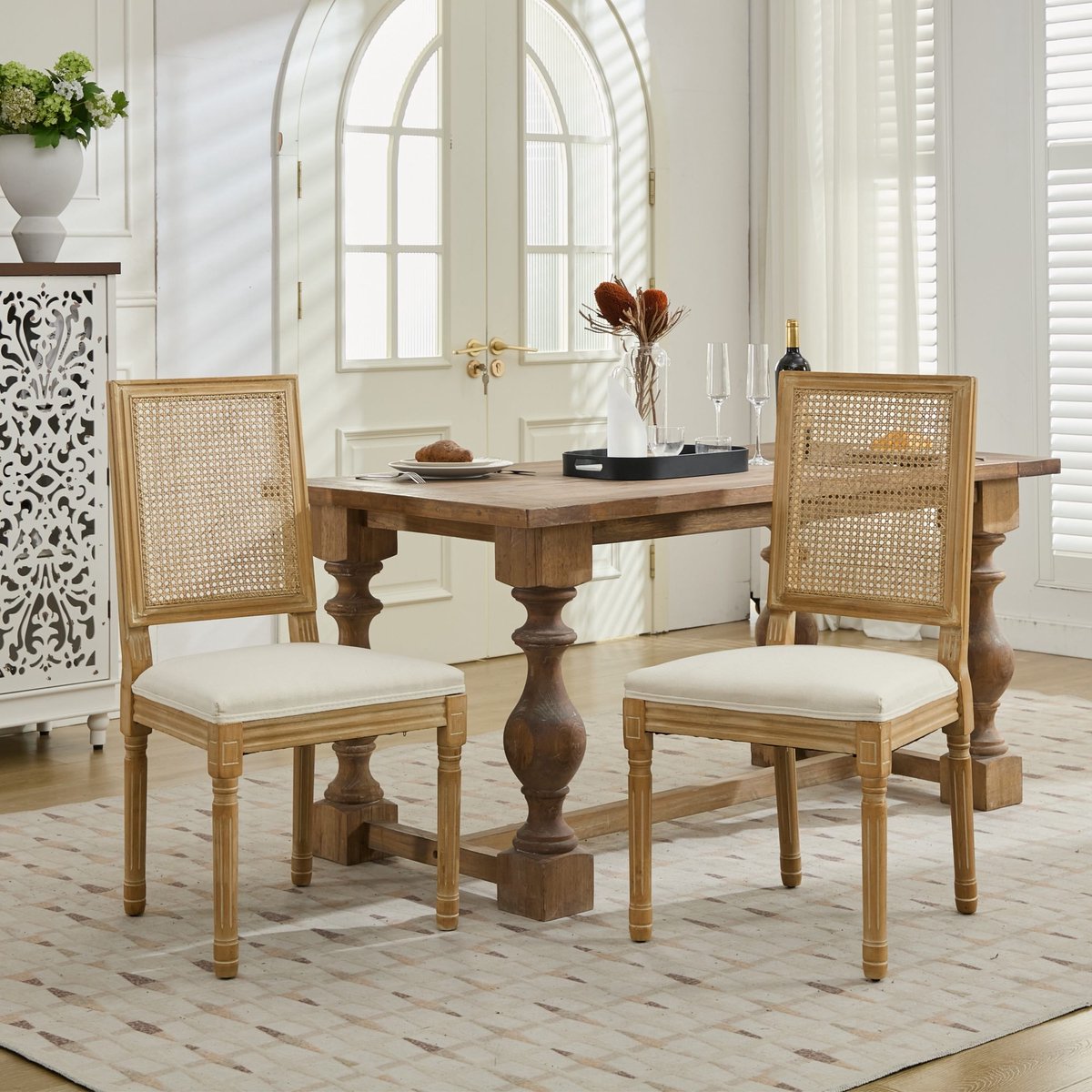 Eetkamerstoel Set Van 2 - Rotan Rugleuning En Linnen Zitting - Retro En Vintage Voor Eetkamer, Keuken En Woonkamer - Hout - Beige
