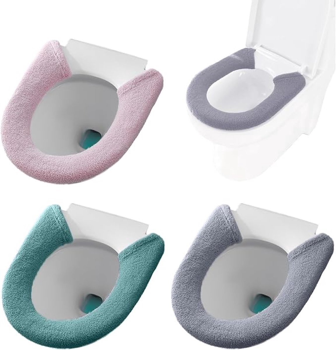3-delige set wc-brilhoes, zachte en dikke badkamerstoelhoes met drukknopen, elastisch en wasbaar fiber wc-kussentje (grijs, roze, groen)