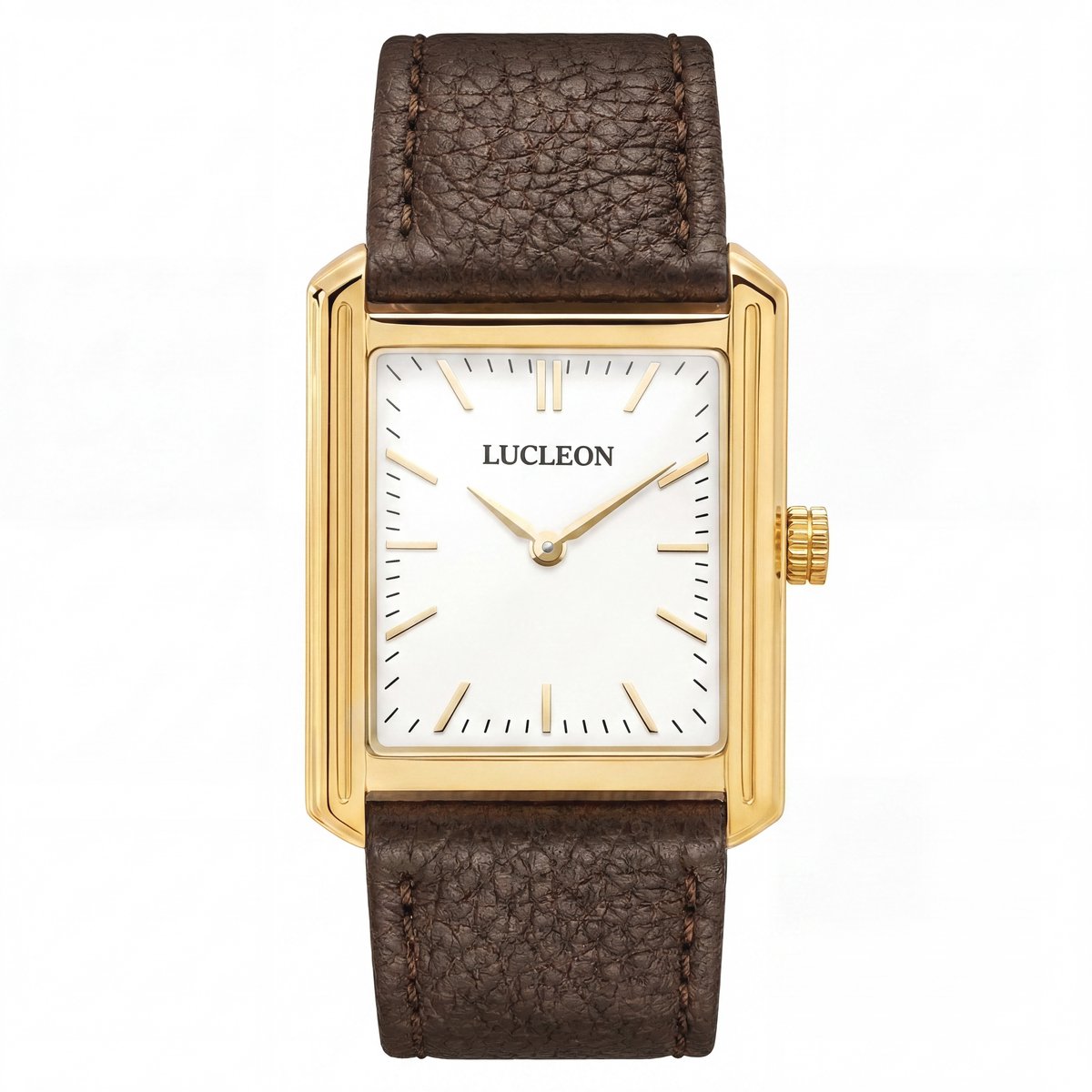 Legacy | Retro vierkant goudkleurig horloge met witte wijzerplaat en donkerbruine leren band