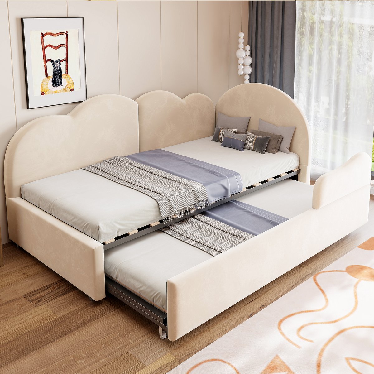 DESMIU Slaapbank 90x200cm – Uitschuifbaar Bed met Wolkenvorm Hoofdbord – Ruimtebesparende L Vorm – Voor Kinderen en Logeerkamer – Velours – Beige Zonder Matras